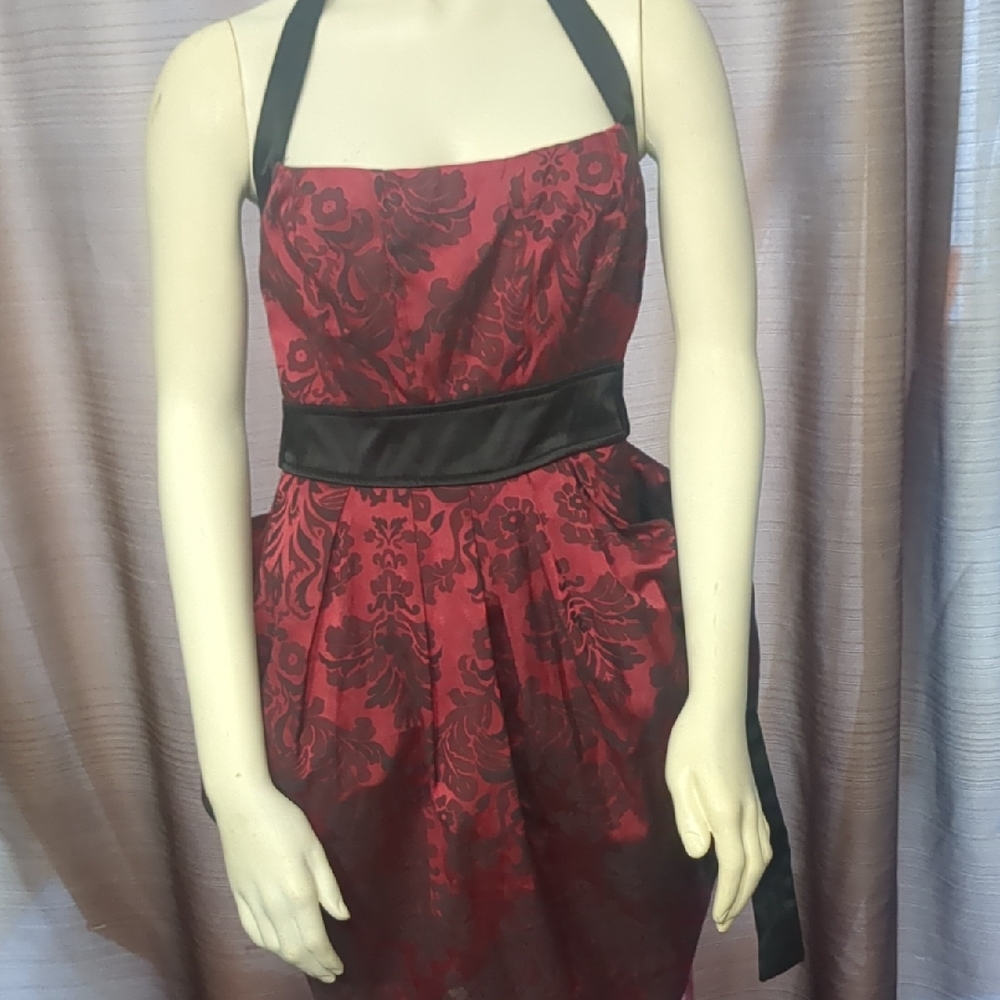 Speechless Red Damask Strapless Cocktail Dress with Black Sash